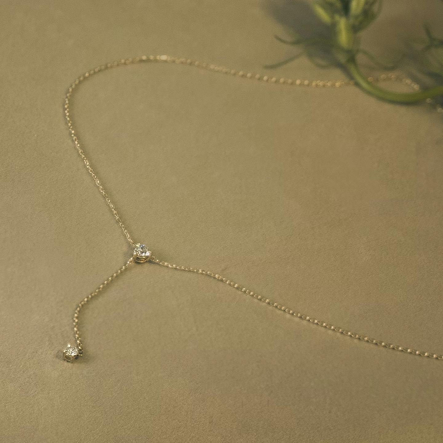 Duo Lariat Necklace | Round Brilliant | 14k | 18k Yellow Gold | Chain length: 16-18